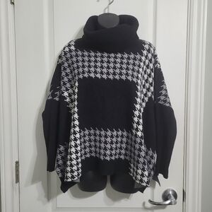 #100 Black and Gray Houndstooth Turtleneck Poncho Sweater One Size